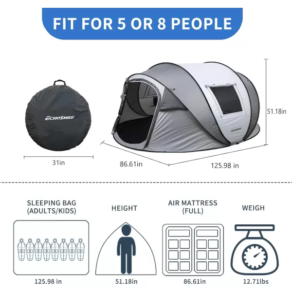 EchoSmile Camping Instant Tent 246810 Person Pop Up Tent Water Resistant Dome Tent Easy Setup for Camping Hiking and Outdoor Portable Tent with Carry Bag for 3 SeasonsWhite  Grey 6 Person
