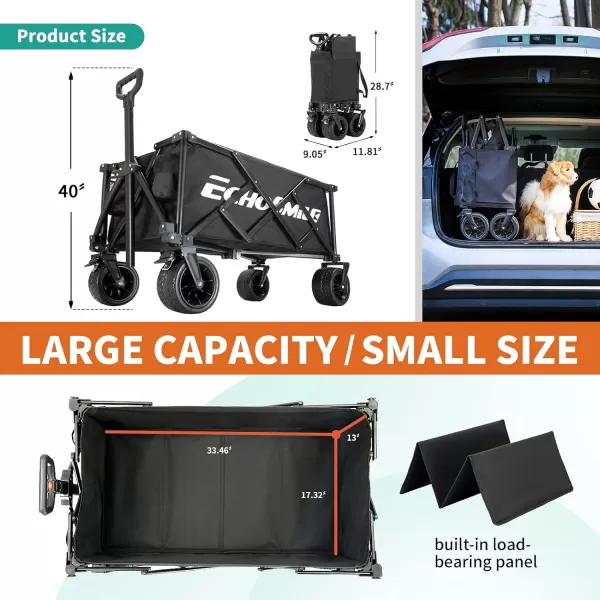 EchoSmile Collapsible Folding Utility Wagon Cart Adjustable Handle 400lb Capacity Black Outdoor UseBlack