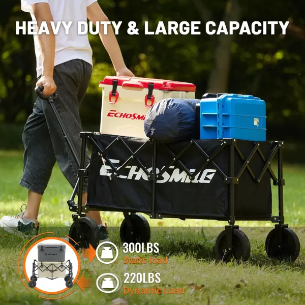 EchoSmile Collapsible Folding Wagon Cart Beach Wagon for Sand with Big Wheels Heavy Duty 300lbs Capacity Utility Wagon Portable Garden Cart with Adjustable Handle Black and OrangeBlack