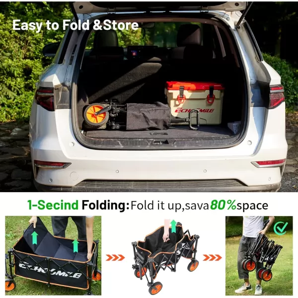 EchoSmile Collapsible Folding Wagon Cart Beach Wagon for Sand with Big Wheels Heavy Duty 300lbs Capacity Utility Wagon Portable Garden Cart with Adjustable Handle Black and OrangeBlack  Orange