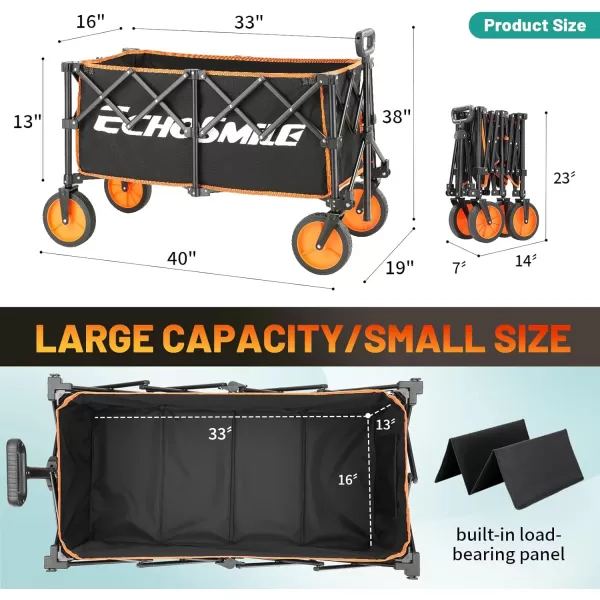 EchoSmile Collapsible Folding Wagon Cart Beach Wagon for Sand with Big Wheels Heavy Duty 300lbs Capacity Utility Wagon Portable Garden Cart with Adjustable Handle Black and OrangeBlack  Orange