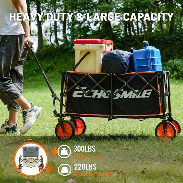 EchoSmile Collapsible Folding Wagon Cart Beach Wagon for Sand with Big Wheels Heavy Duty 300lbs Capacity Utility Wagon Portable Garden Cart with Adjustable Handle Black and OrangeBlack  Orange