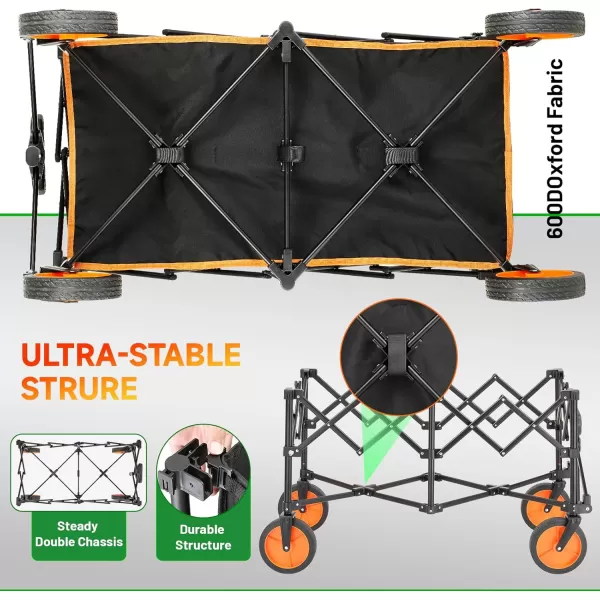 EchoSmile Collapsible Folding Wagon Cart Beach Wagon for Sand with Big Wheels Heavy Duty 300lbs Capacity Utility Wagon Portable Garden Cart with Adjustable Handle Black and OrangeBlack  Orange