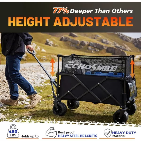 EchoSmile Collapsible Outdoor Utility Wagon Beach Wagon for Sand with Big Wheels Camping Portable Cart Heavy Duty 480lbs Capacity Utility WagonFolding Wagon with Oxford FabricMesh Fabric