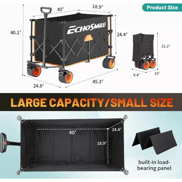 EchoSmile Collapsible Wagon with Wide Wheel Extended Height Beach Wagon for Sand with Big Wheels Camping Portable Cart Heavy Duty 500lbs Capacity Utility WagonBlackBlack  Orang