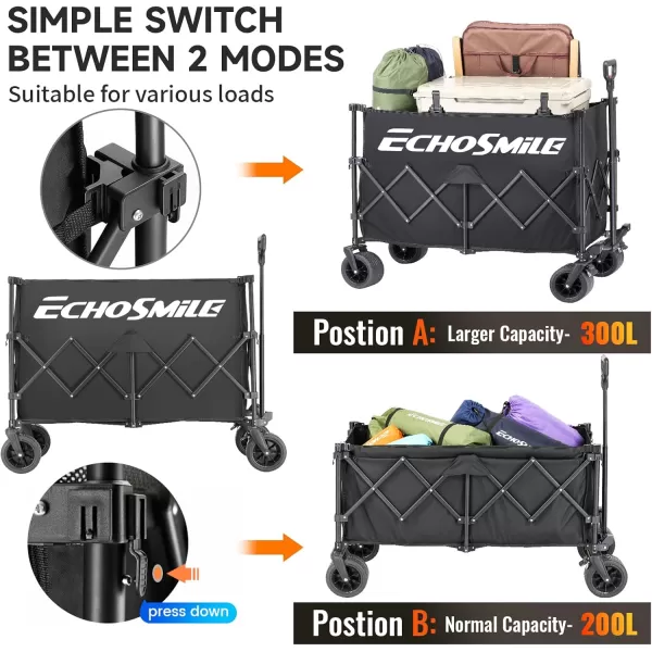 EchoSmile Collapsible Wagon with Wide Wheel Extended Height Beach Wagon for Sand with Big Wheels Camping Portable Cart Heavy Duty 500lbs Capacity Utility WagonBlackBlack