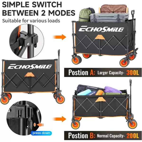 EchoSmile Collapsible Wagon with Wide Wheel Extended Height Beach Wagon for Sand with Big Wheels Camping Portable Cart Heavy Duty 500lbs Capacity Utility WagonBlackBlack  Orang