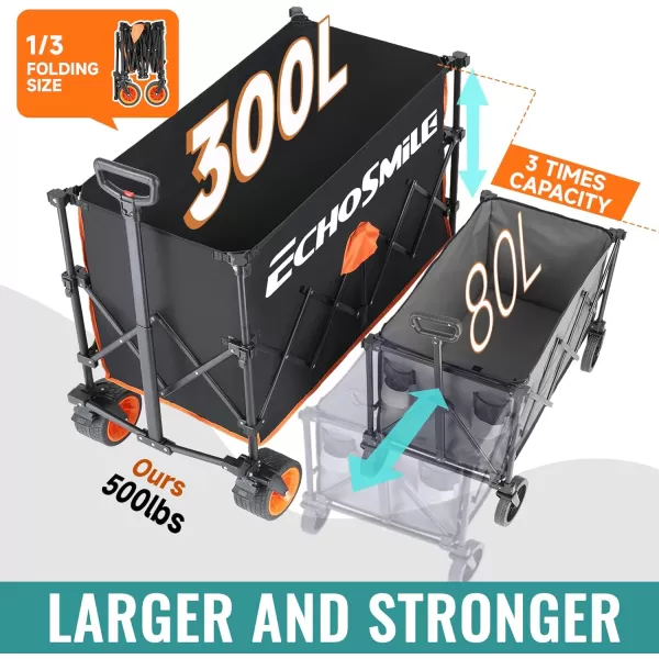 EchoSmile Collapsible Wagon with Wide Wheel Extended Height Beach Wagon for Sand with Big Wheels Camping Portable Cart Heavy Duty 500lbs Capacity Utility WagonBlackBlack  Orang
