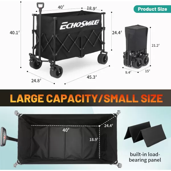 EchoSmile Collapsible Wagon with Wide Wheel Extended Height Beach Wagon for Sand with Big Wheels Camping Portable Cart Heavy Duty 500lbs Capacity Utility WagonBlackBlack