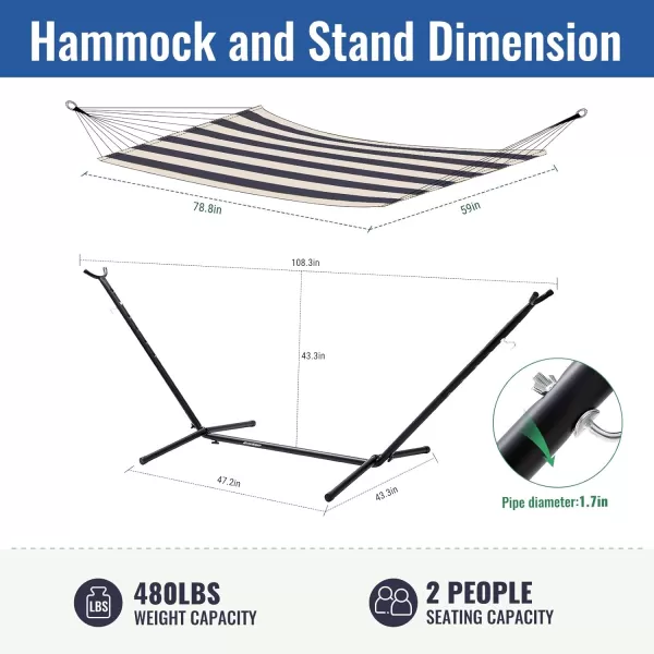EchoSmile Double Hammock with Detachable Stand  Heavy Duty 2 Person Hammock  480 lbs Capacity  Adjustable Hooks  Durable Steel Frame for IndoorOutdoor Use  BlueBlue