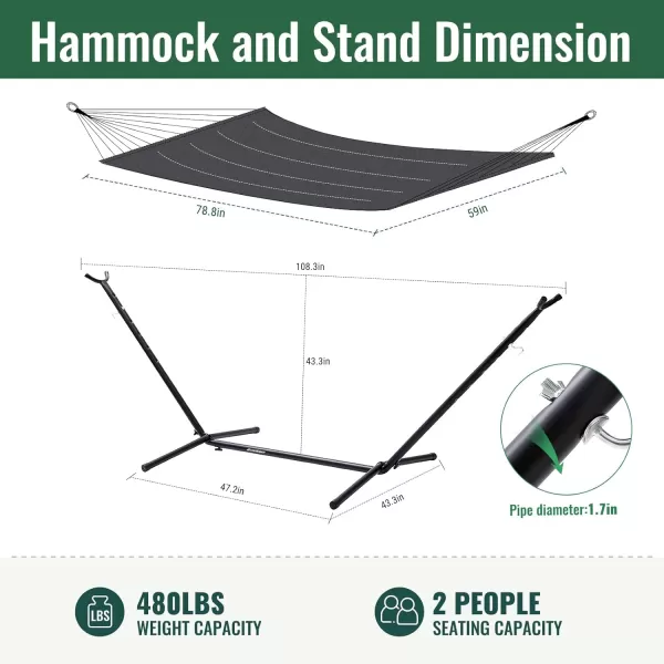 EchoSmile Double Hammock with Detachable Stand  Heavy Duty 2 Person Hammock  480 lbs Capacity  Adjustable Hooks  Durable Steel Frame for IndoorOutdoor Use  BlueGrey