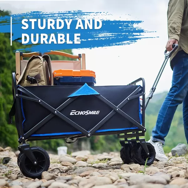 EchoSmile Heavy Duty 350 Lbs Capacity Collapsible Wagon Outdoor Folding Camping Beach Wagons Grocery Portable Utility Cart Adjustable Rolling Carts All Terrain Sports Wagon with Big WheelsBlackblue
