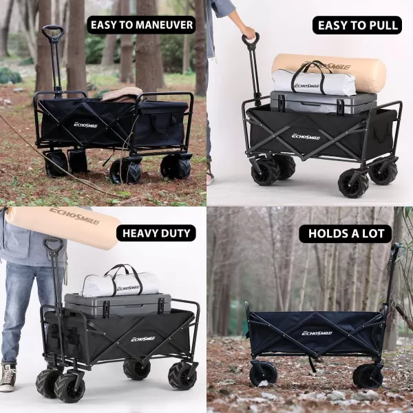 EchoSmile Heavy Duty 350 Lbs Capacity Collapsible Wagon Outdoor Folding Camping Beach Wagons Grocery Portable Utility Cart Adjustable Rolling Carts All Terrain Sports Wagon with Big WheelsBlack