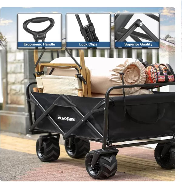 EchoSmile Heavy Duty 350 Lbs Capacity Collapsible Wagon Outdoor Folding Camping Beach Wagons Grocery Portable Utility Cart Adjustable Rolling Carts All Terrain Sports Wagon with Big WheelsBlack