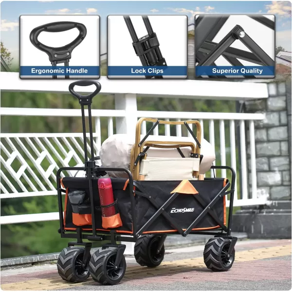 EchoSmile Heavy Duty 350 Lbs Capacity Collapsible Wagon Outdoor Folding Camping Beach Wagons Grocery Portable Utility Cart Adjustable Rolling Carts All Terrain Sports Wagon with Big WheelsBlackorange
