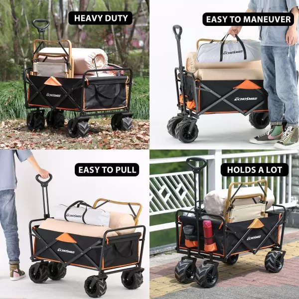 EchoSmile Heavy Duty 350 Lbs Capacity Collapsible Wagon Outdoor Folding Camping Beach Wagons Grocery Portable Utility Cart Adjustable Rolling Carts All Terrain Sports Wagon with Big WheelsBlackorange