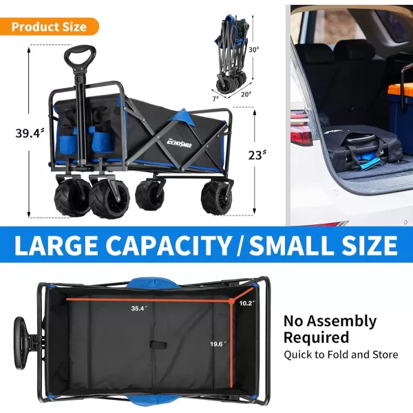 EchoSmile Heavy Duty 350 Lbs Capacity Collapsible Wagon Outdoor Folding Camping Beach Wagons Grocery Portable Utility Cart Adjustable Rolling Carts All Terrain Sports Wagon with Big WheelsBlackblue