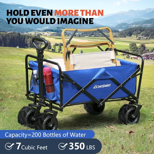 EchoSmile Heavy Duty 350 Lbs Capacity Collapsible Wagon Outdoor Folding Camping Beach Wagons Grocery Portable Utility Cart Adjustable Rolling Carts All Terrain Sports Wagon with Big WheelsBlue
