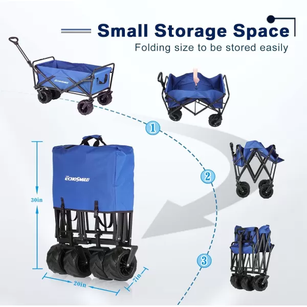 EchoSmile Heavy Duty 350 Lbs Capacity Collapsible Wagon Outdoor Folding Camping Beach Wagons Grocery Portable Utility Cart Adjustable Rolling Carts All Terrain Sports Wagon with Big WheelsBlue