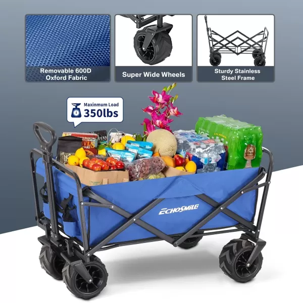 EchoSmile Heavy Duty 350 Lbs Capacity Collapsible Wagon Outdoor Folding Camping Beach Wagons Grocery Portable Utility Cart Adjustable Rolling Carts All Terrain Sports Wagon with Big WheelsBlue