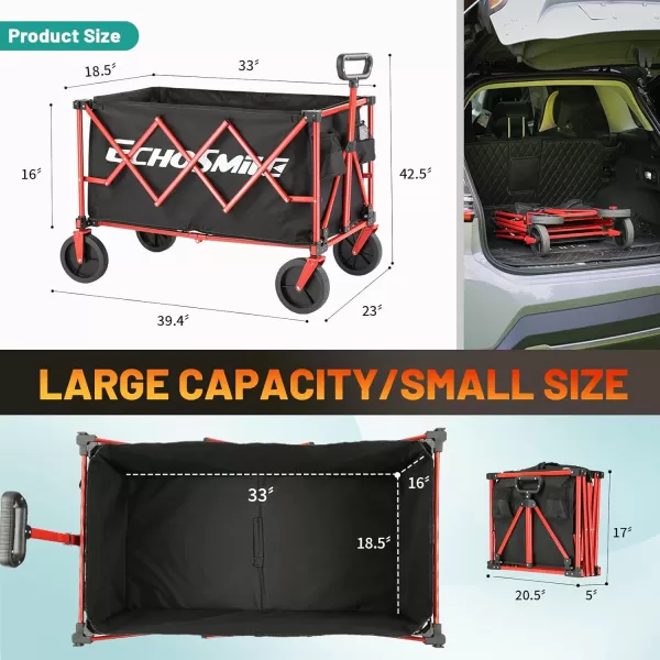 EchoSmile Heavy Duty 350 Lbs Capacity Collapsible Wagon Outdoor Folding Camping Grocery Portable Utility Cart Adjustable Rolling Carts All Terrain Sports Beach Wagon with Big Wheels BlackRed