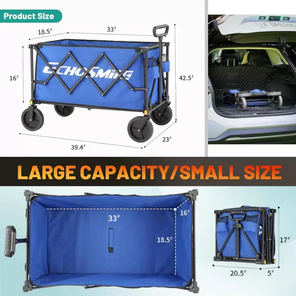 EchoSmile Heavy Duty 350 Lbs Capacity Collapsible Wagon Outdoor Folding Camping Grocery Portable Utility Cart Adjustable Rolling Carts All Terrain Sports Beach Wagon with Big Wheels BlackBlue