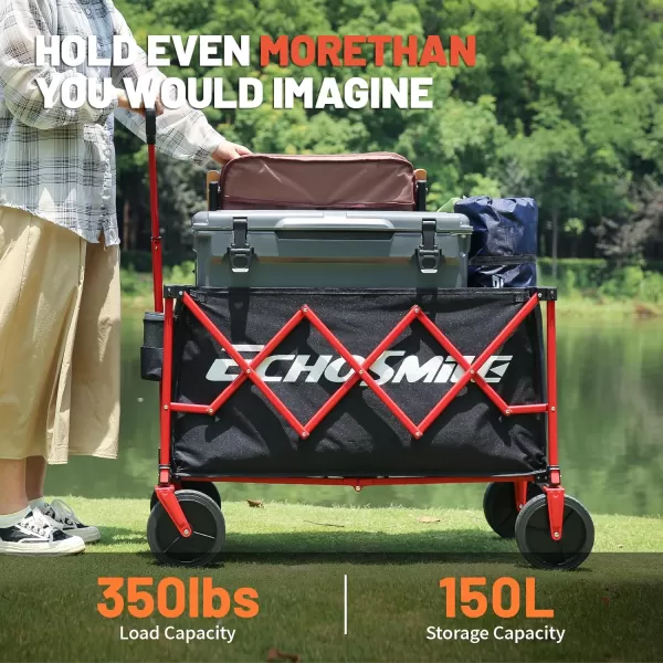 EchoSmile Heavy Duty 350 Lbs Capacity Collapsible Wagon Outdoor Folding Camping Grocery Portable Utility Cart Adjustable Rolling Carts All Terrain Sports Beach Wagon with Big Wheels BlackRed