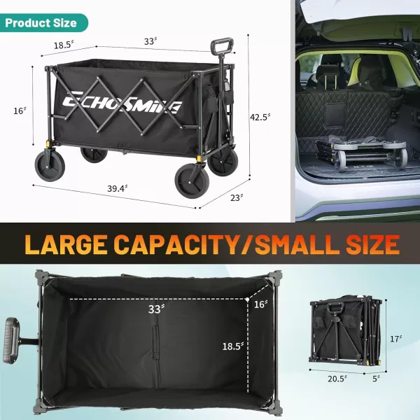 EchoSmile Heavy Duty 350 Lbs Capacity Collapsible Wagon Outdoor Folding Camping Grocery Portable Utility Cart Adjustable Rolling Carts All Terrain Sports Beach Wagon with Big Wheels BlackBlack