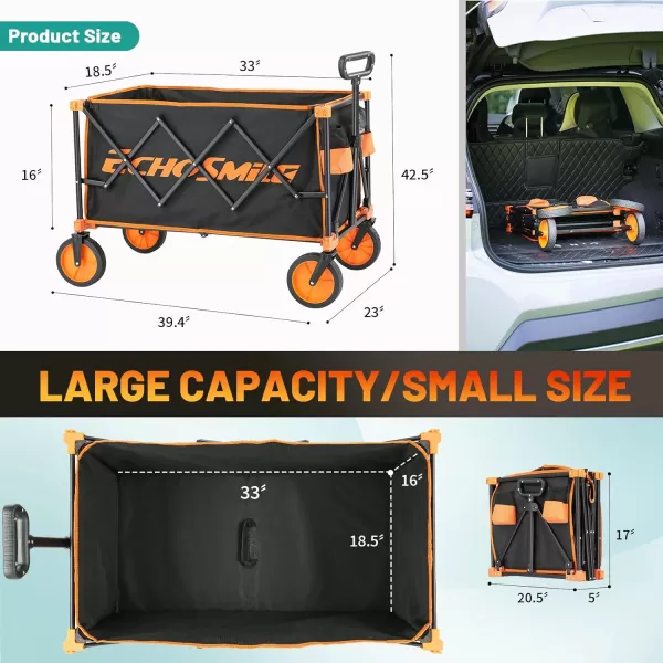 EchoSmile Heavy Duty 350 Lbs Capacity Collapsible Wagon Outdoor Folding Camping Grocery Portable Utility Cart Adjustable Rolling Carts All Terrain Sports Beach Wagon with Big Wheels BlackBlack  Orange