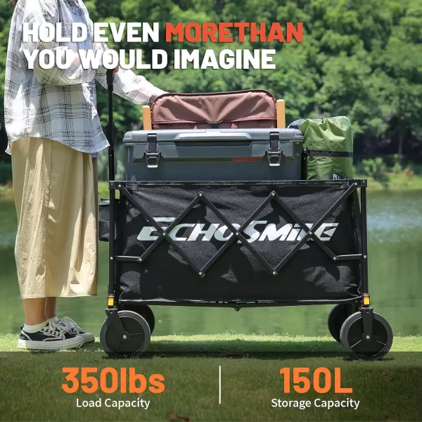 EchoSmile Heavy Duty 350 Lbs Capacity Collapsible Wagon Outdoor Folding Camping Grocery Portable Utility Cart Adjustable Rolling Carts All Terrain Sports Beach Wagon with Big Wheels BlackBlack
