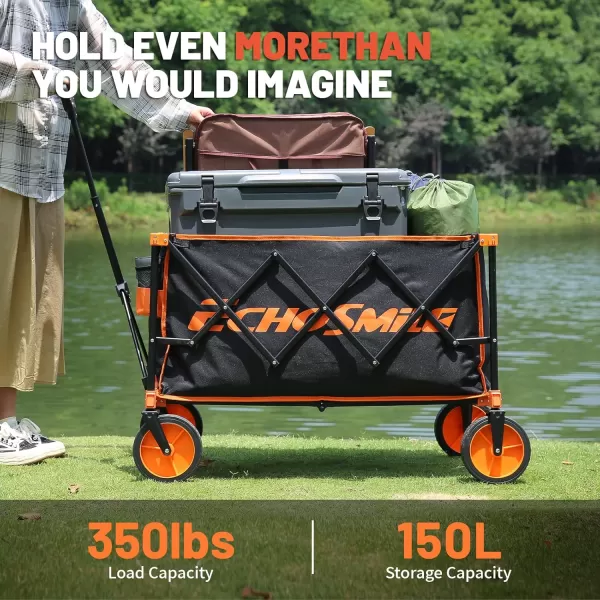 EchoSmile Heavy Duty 350 Lbs Capacity Collapsible Wagon Outdoor Folding Camping Grocery Portable Utility Cart Adjustable Rolling Carts All Terrain Sports Beach Wagon with Big Wheels BlackBlack  Orange