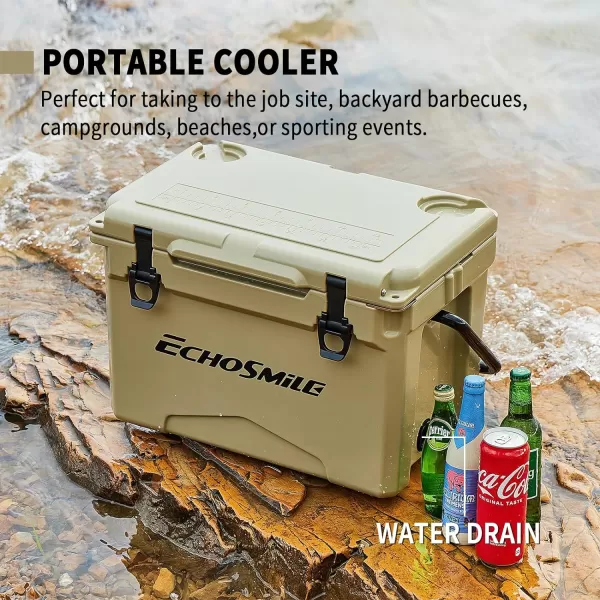 EchoSmile Insulated Portable Cooler 121825 Qt Rotomolded Cooler with Sealing Ring Lightweight Ice Chest Box Hard Cooler for BBQ Beach Drink Camping PicnicKhaki