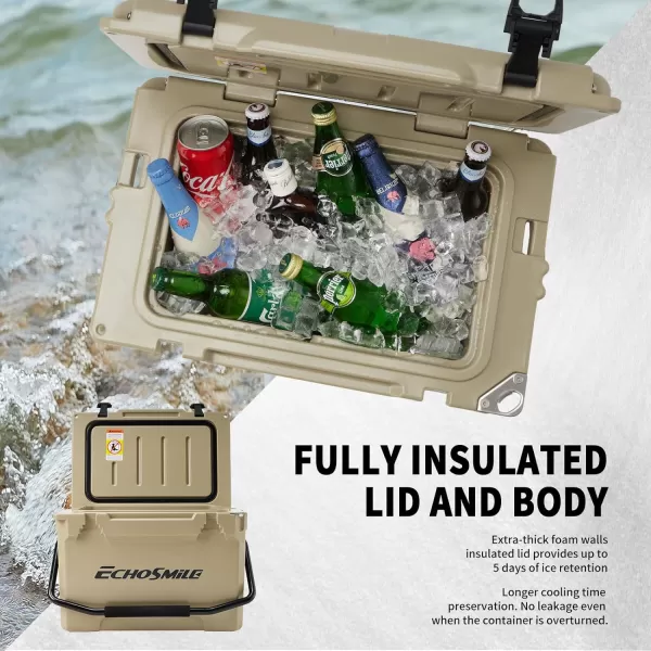 EchoSmile Insulated Portable Cooler 121825 Qt Rotomolded Cooler with Sealing Ring Lightweight Ice Chest Box Hard Cooler for BBQ Beach Drink Camping PicnicKhaki
