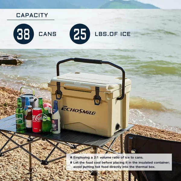 EchoSmile Insulated Portable Cooler 121825 Qt Rotomolded Cooler with Sealing Ring Lightweight Ice Chest Box Hard Cooler for BBQ Beach Drink Camping PicnicKhaki