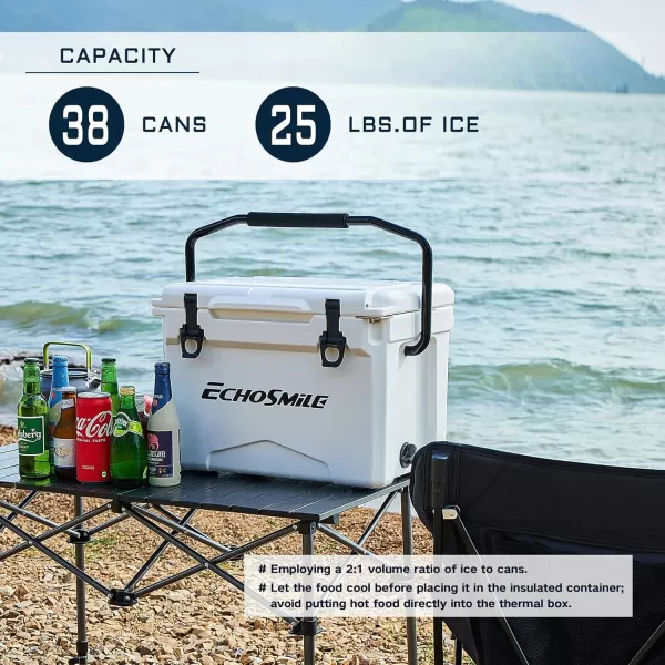 EchoSmile Insulated Portable Cooler 121825 Qt Rotomolded Cooler with Sealing Ring Lightweight Ice Chest Box Hard Cooler for BBQ Beach Drink Camping PicnicWhite