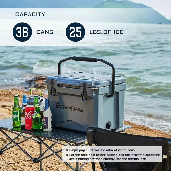 EchoSmile Insulated Portable Cooler 121825 Qt Rotomolded Cooler with Sealing Ring Lightweight Ice Chest Box Hard Cooler for BBQ Beach Drink Camping PicnicGray