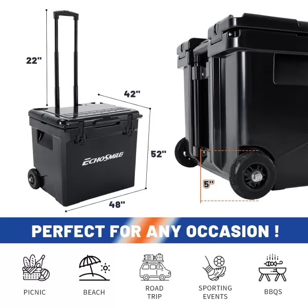 EchoSmile Insulated Portable Cooler 1445 Qt Rotomolded Cooler with Sealing Ring 5 Days Ice Cooler Lightweight Ice Chest Box Hard Cooler for BBQ Beach Drink Camping PicnicBlack Wheeled 45QT