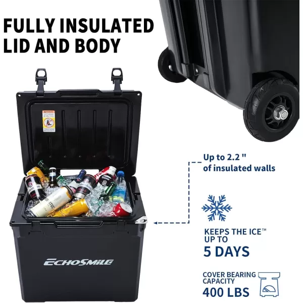 EchoSmile Insulated Portable Cooler 1445 Qt Rotomolded Cooler with Sealing Ring 5 Days Ice Cooler Lightweight Ice Chest Box Hard Cooler for BBQ Beach Drink Camping PicnicBlack Wheeled 45QT
