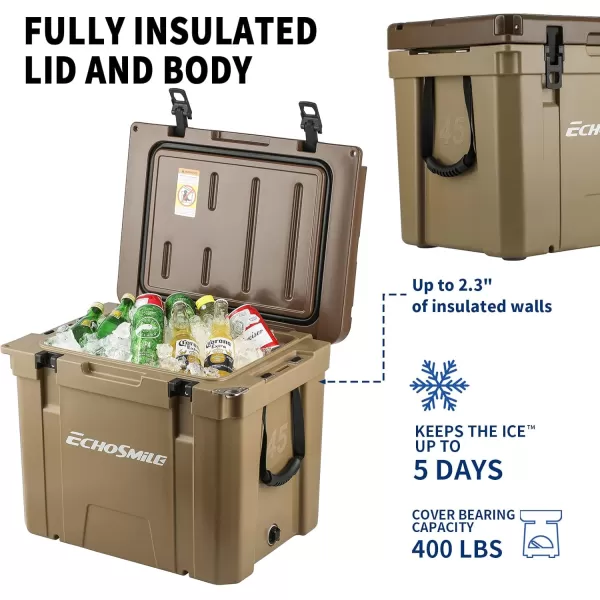 EchoSmile Insulated Portable Cooler 1445 Qt Rotomolded Cooler with Sealing Ring 5 Days Ice Cooler Lightweight Ice Chest Box Hard Cooler for BBQ Beach Drink Camping PicnicKhaki 45QT