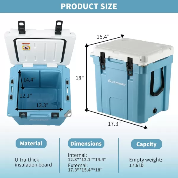 EchoSmile Insulated Portable Cooler 1445 Qt Rotomolded Cooler with Sealing Ring 5 Days Ice Cooler Lightweight Ice Chest Box Hard Cooler for BBQ Beach Drink Camping PicnicBlue  White 35QT