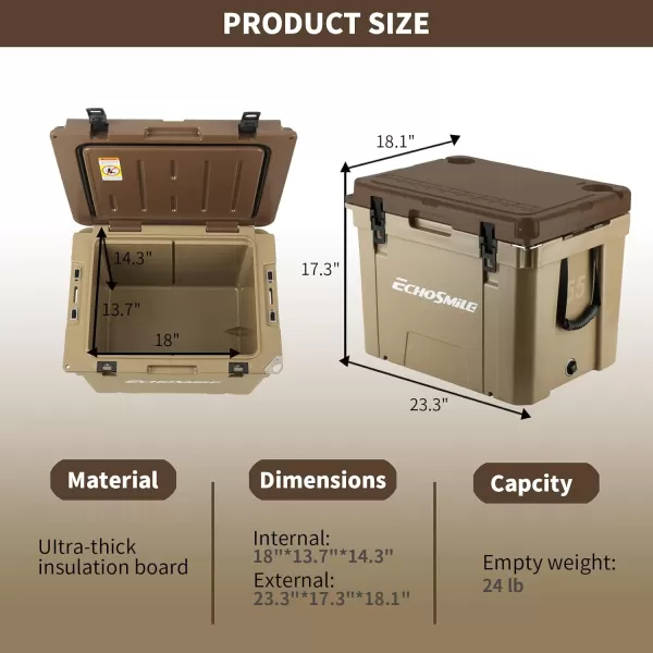 EchoSmile Insulated Portable Cooler 1445 Qt Rotomolded Cooler with Sealing Ring 5 Days Ice Cooler Lightweight Ice Chest Box Hard Cooler for BBQ Beach Drink Camping PicnicKhaki  Brown 55QT