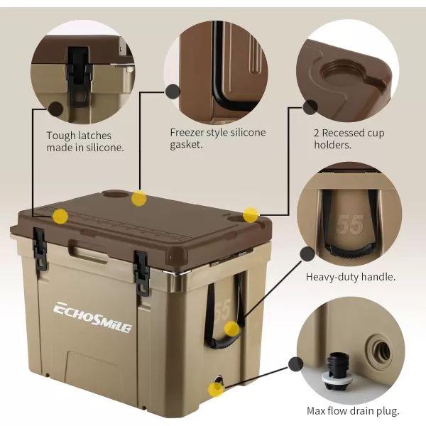 EchoSmile Insulated Portable Cooler 1445 Qt Rotomolded Cooler with Sealing Ring 5 Days Ice Cooler Lightweight Ice Chest Box Hard Cooler for BBQ Beach Drink Camping PicnicKhaki  Brown 55QT