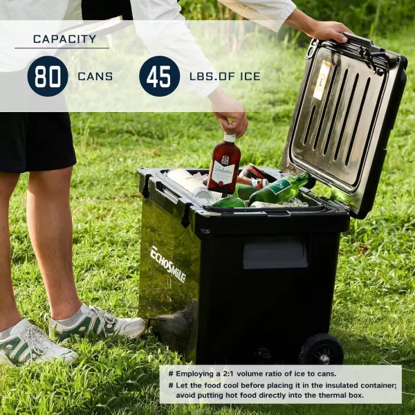 EchoSmile Insulated Portable Cooler 1445 Qt Rotomolded Cooler with Sealing Ring 5 Days Ice Cooler Lightweight Ice Chest Box Hard Cooler for BBQ Beach Drink Camping PicnicBlack Wheeled 45QT