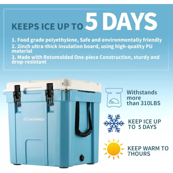 EchoSmile Insulated Portable Cooler 1445 Qt Rotomolded Cooler with Sealing Ring 5 Days Ice Cooler Lightweight Ice Chest Box Hard Cooler for BBQ Beach Drink Camping PicnicBlue  White 35QT