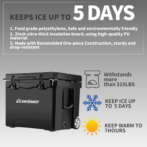 EchoSmile Insulated Portable Cooler 1445 Qt Rotomolded Cooler with Sealing Ring 5 Days Ice Cooler Lightweight Ice Chest Box Hard Cooler for BBQ Beach Drink Camping PicnicBlack 45QT