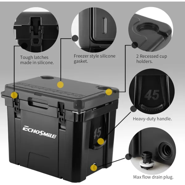 EchoSmile Insulated Portable Cooler 1445 Qt Rotomolded Cooler with Sealing Ring 5 Days Ice Cooler Lightweight Ice Chest Box Hard Cooler for BBQ Beach Drink Camping PicnicBlack 45QT