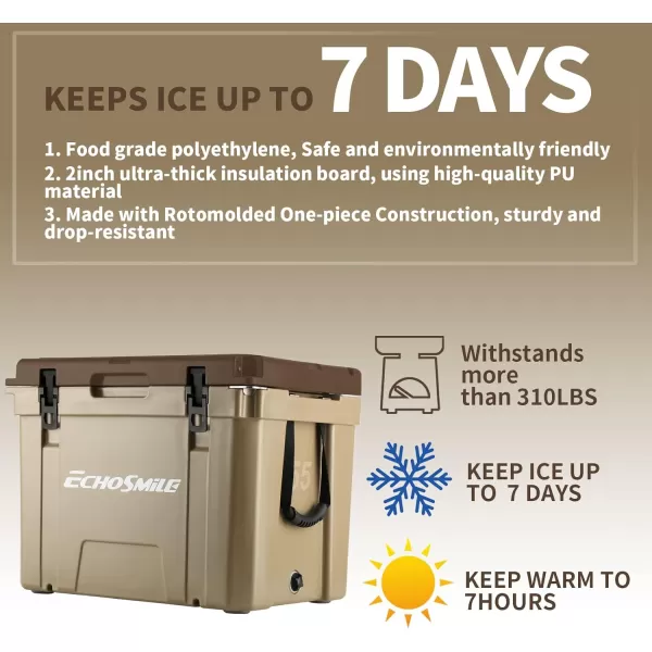 EchoSmile Insulated Portable Cooler 1445 Qt Rotomolded Cooler with Sealing Ring 5 Days Ice Cooler Lightweight Ice Chest Box Hard Cooler for BBQ Beach Drink Camping PicnicKhaki  Brown 55QT