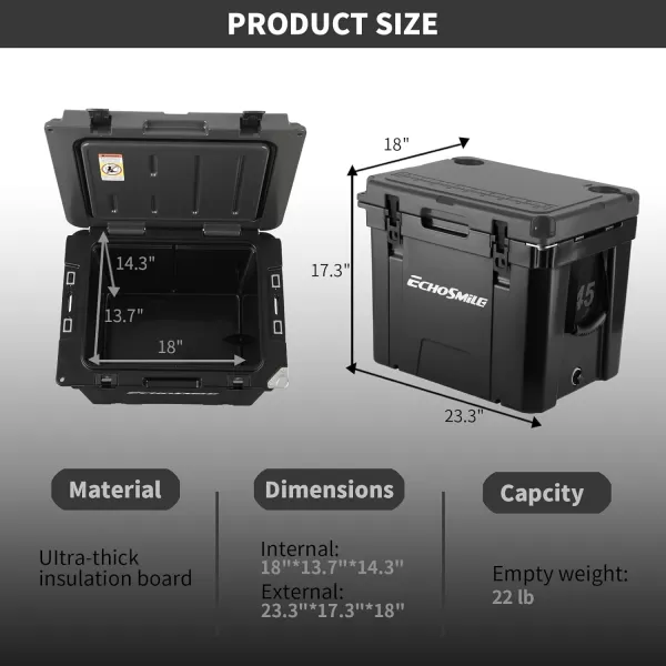 EchoSmile Insulated Portable Cooler 1445 Qt Rotomolded Cooler with Sealing Ring 5 Days Ice Cooler Lightweight Ice Chest Box Hard Cooler for BBQ Beach Drink Camping PicnicBlack 45QT