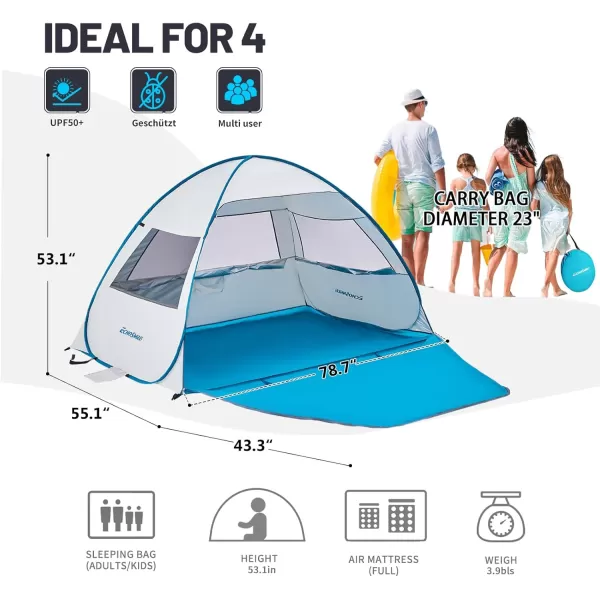 EchoSmile UPF 50 Pop Up Beach Tent Sun Shelter for 34 Person Beach Canopy Tent Sun Shade with Extended Floor Portable Beach Umbrella Cabana Beach Essential for Baby Toddler Adult Dark BlueWhite  Blue
