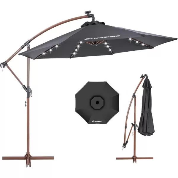 EchoSmile 10ft Solar Offset Umbrella With 8 Ribs and 32 Led Lights Cantilever Hanging Outdoor Umbrella weasy Tilt Adjustment ampamp Uv Protection Suitable For Gardens Lawns Decks Backyards GrayBlack  Brown